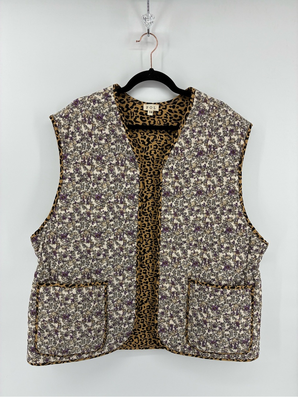 POL Antique Floral Print Vest with Leopard Print Trim & Leopard Inside